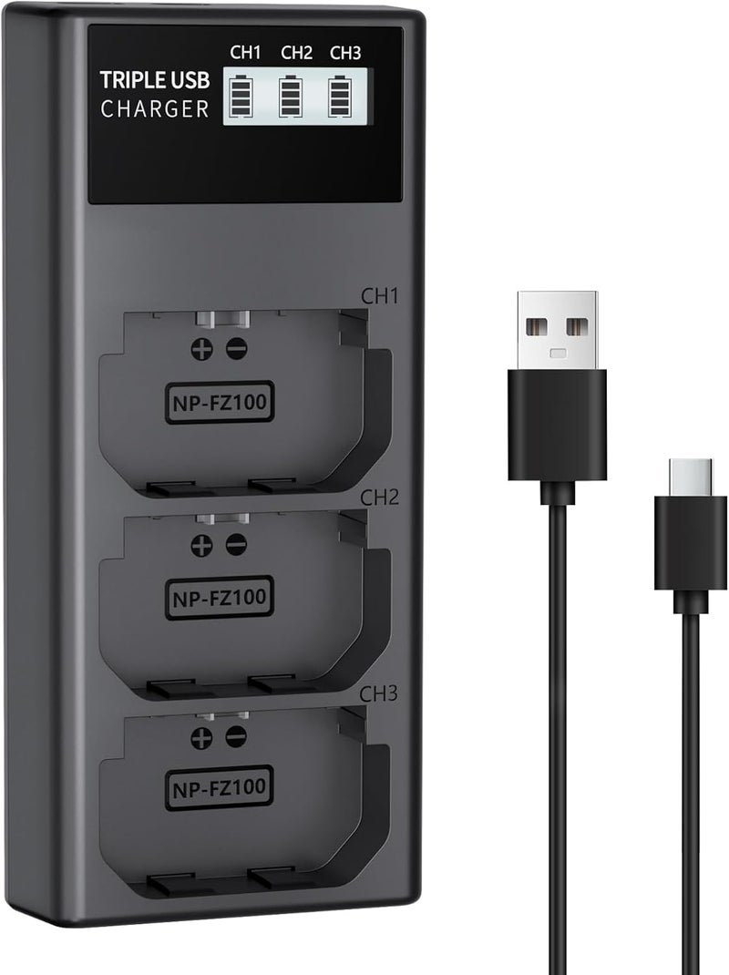 L & P NP-FZ100 Battery Charger, 3-Slot USB Charger with LCD Display, Compatible with Sony A9 A9R A9S A9II A7C A7CII A7SIII A7III A7RIII A7RIV A7IV A6600 A6700 ZV-E1 Cameras, Battery Charger for np-fz100 - Image 1